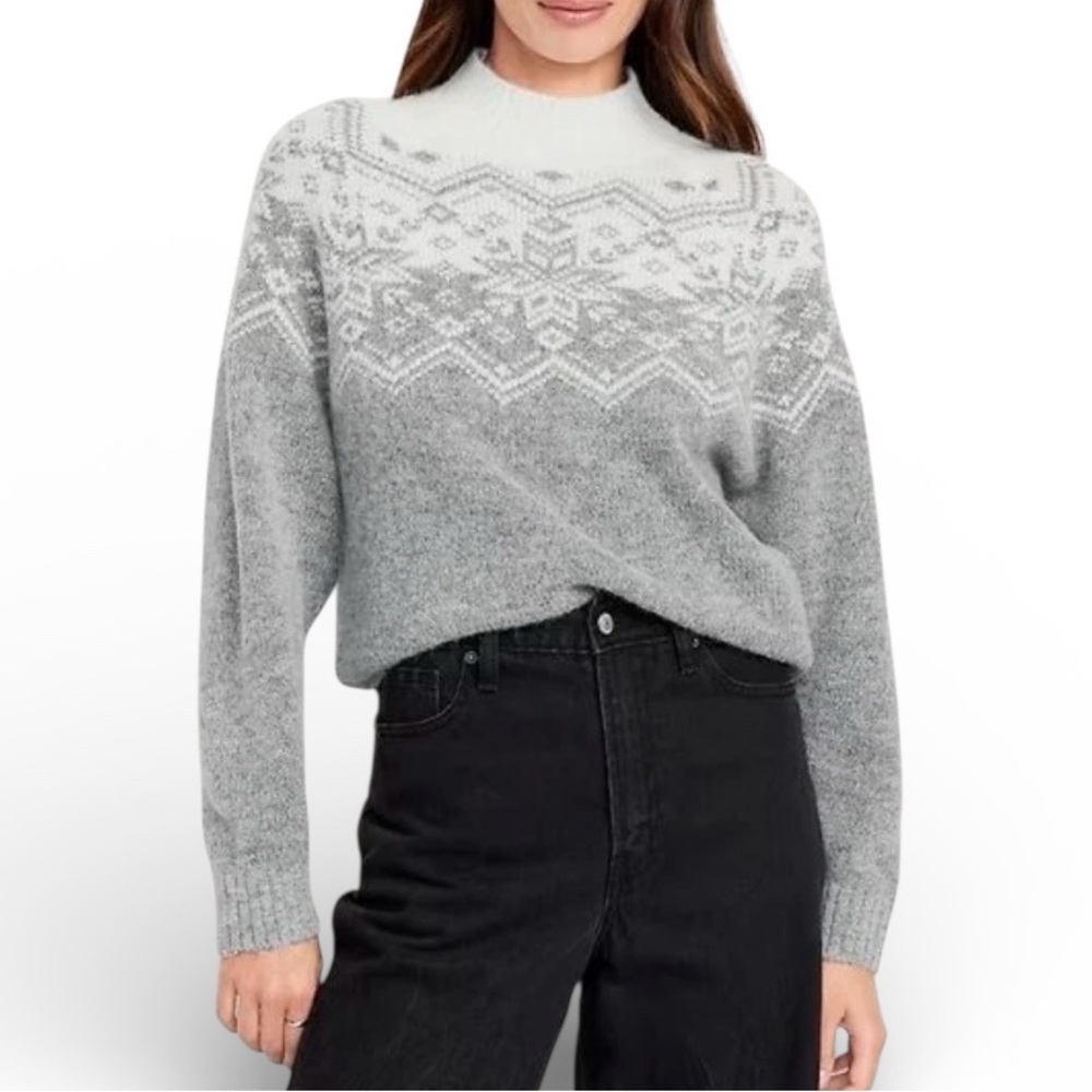 Old Navy Fair Isle Sweater Womens Small Gray Nordic Wool Mock Neck Heritage cozy - Picture 5 of 5